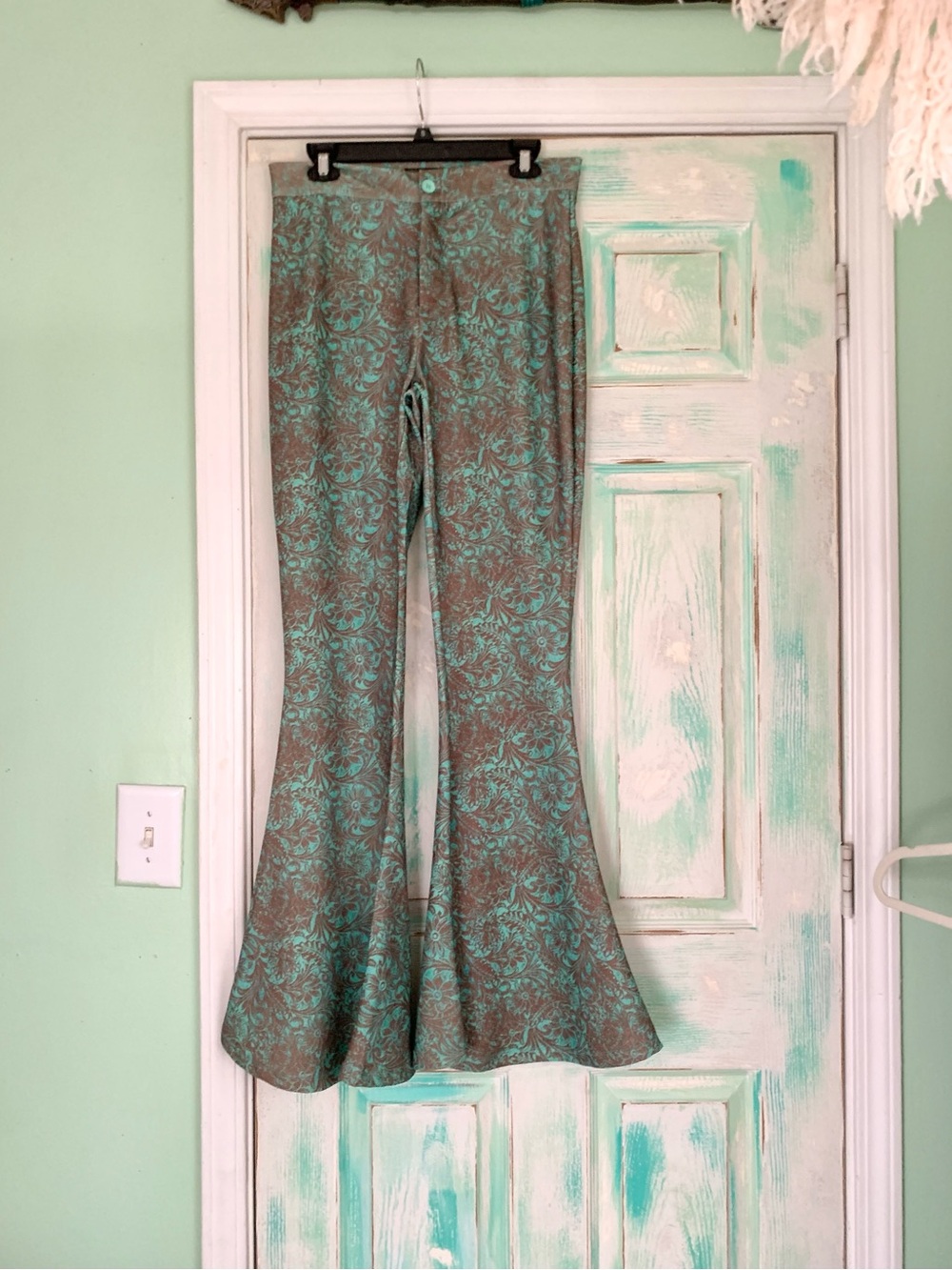 NEW L&B Lucky & Blessed Turquoise/Brown Tooled Leather Flare Bell Bottoms